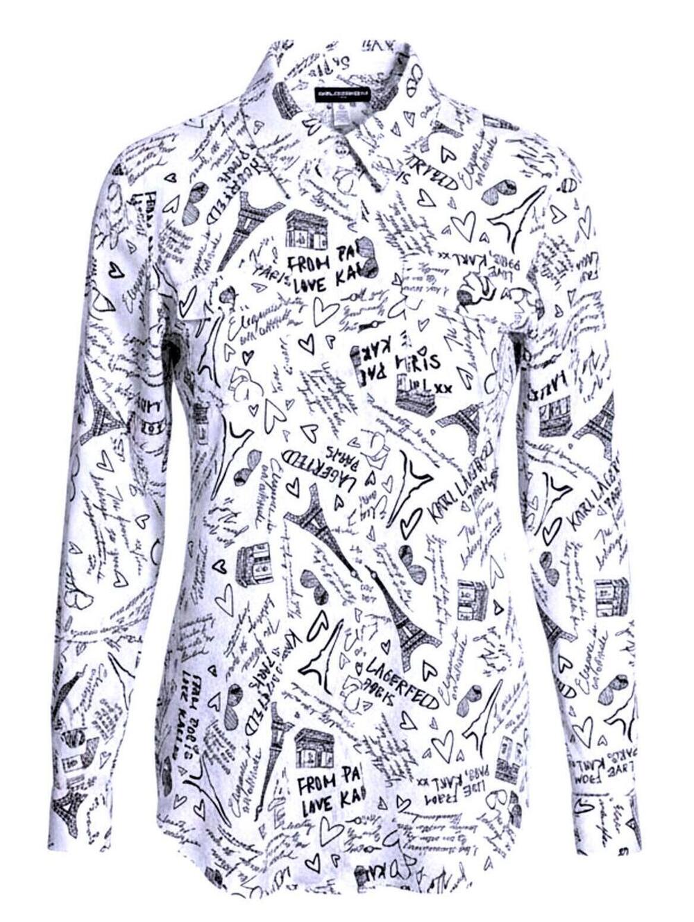 KARL LAGERFELD Womens (L) Paris Sketch Printed Blouse White/Black